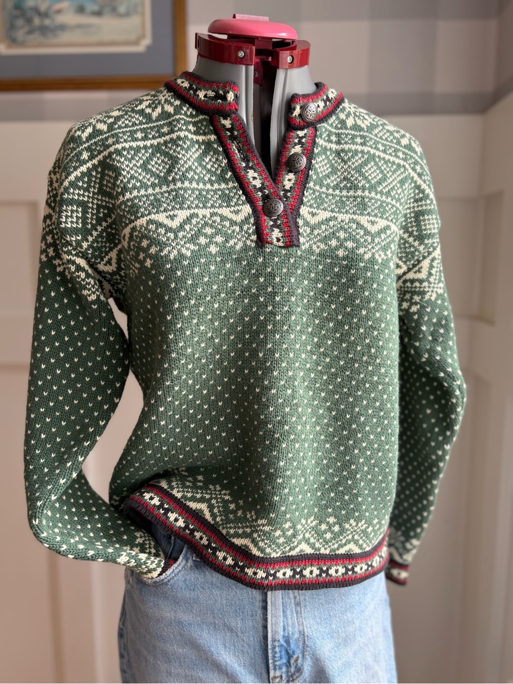L.L. Bean Fair Isle Green and Cream Nordic V‑Neck Wool Sweater Small